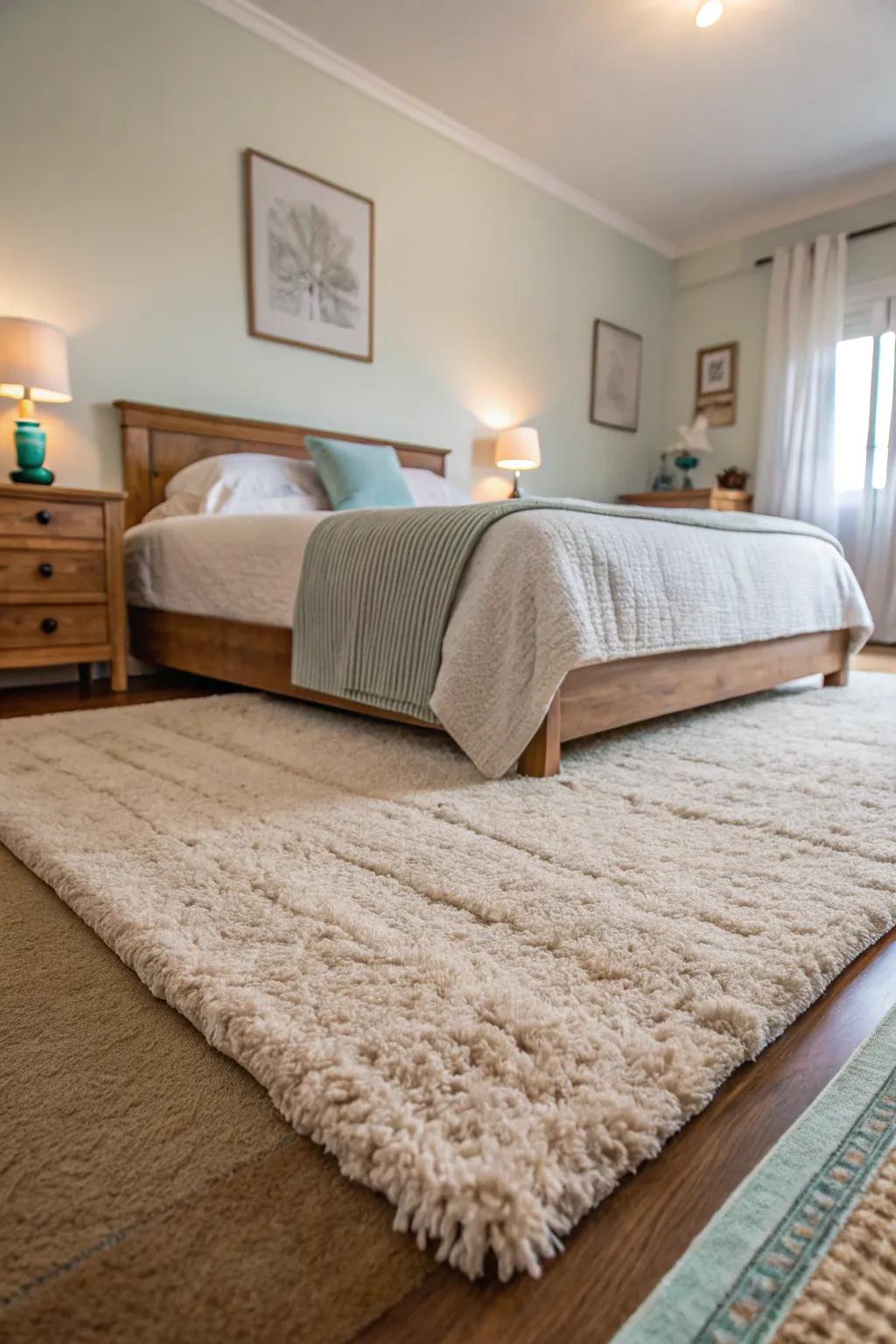 A deluxe floor covering enhances comfort and warmth in the bedroom.