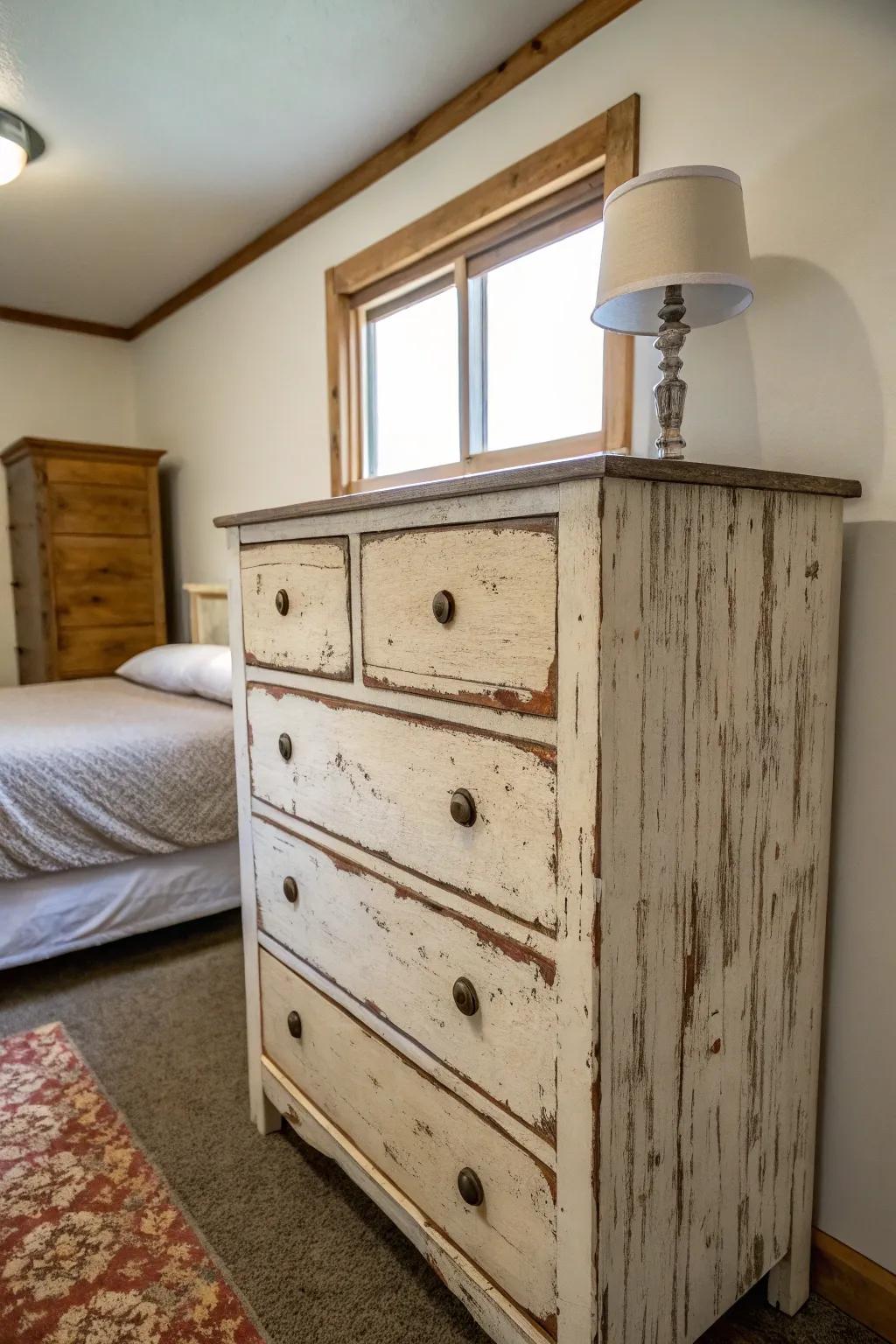 A dresser with an imperfect finish adding vintage charm to a modern small bedroom.