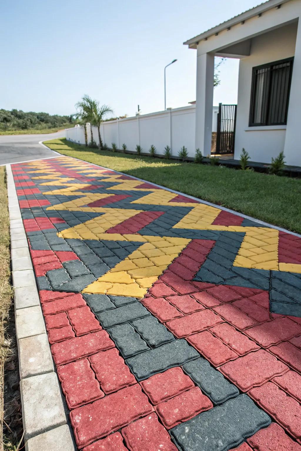 Bold colors create a dramatic and striking driveway statement.