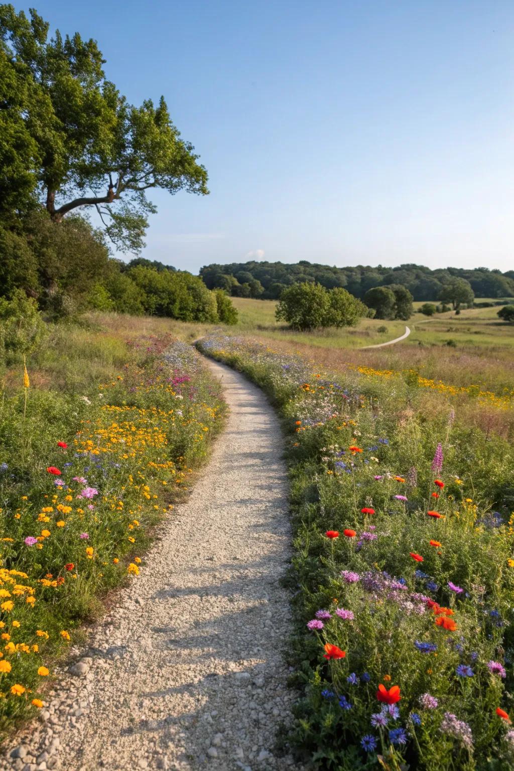 A gravel route embellished with vibrant wildflowers.