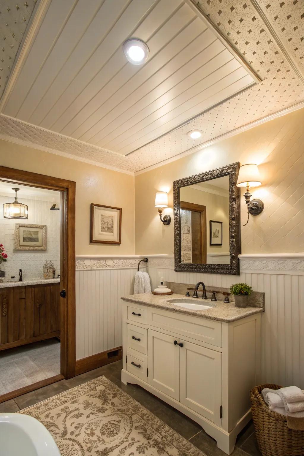 Cottage charm using beadboard ceiling boards.