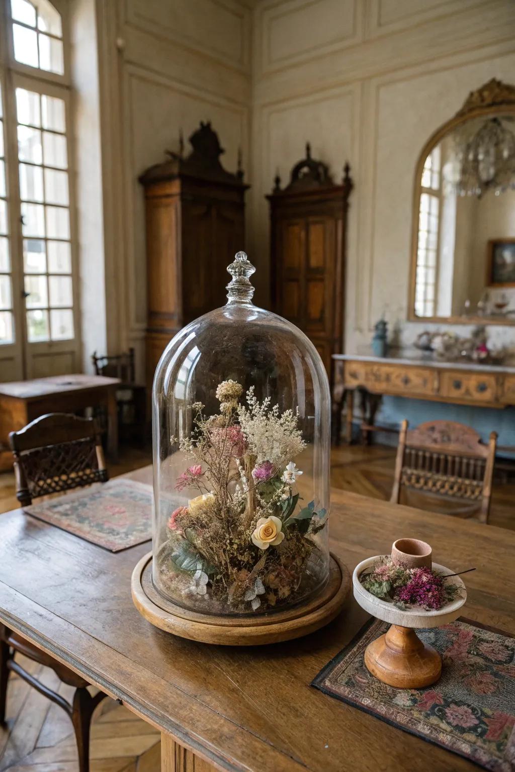 Vintage appeal by using a crystal container botanical exhibit.