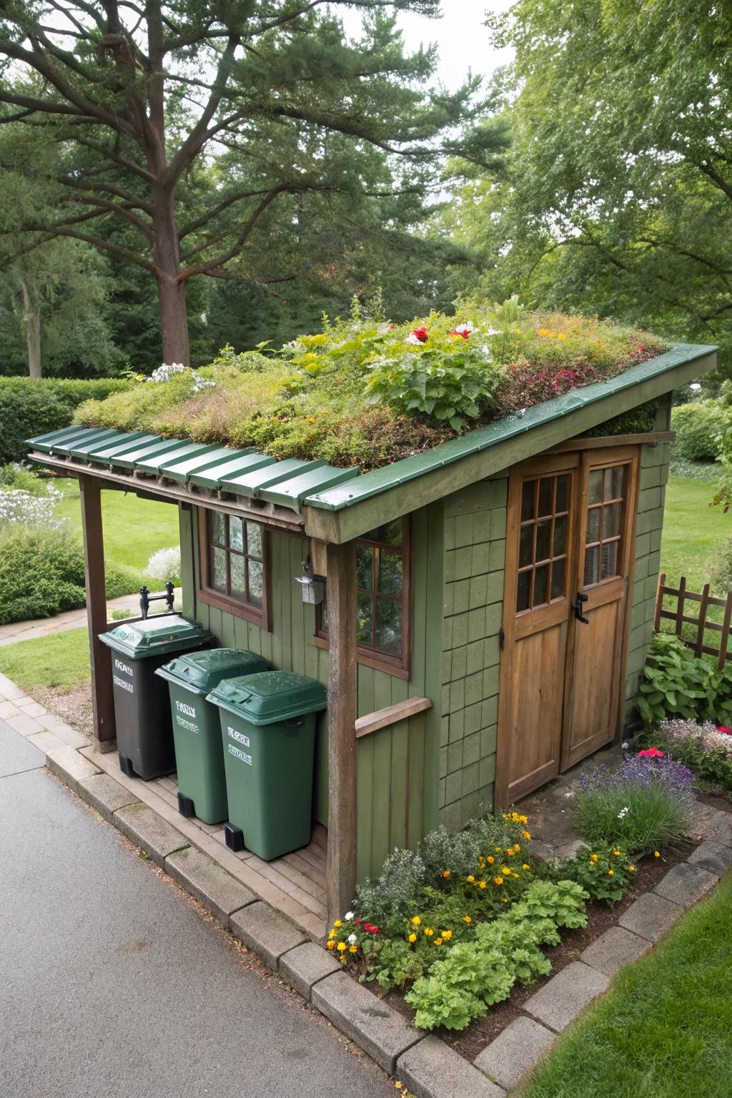 Verdant tops creatively conceal trash bins while adding greenery.