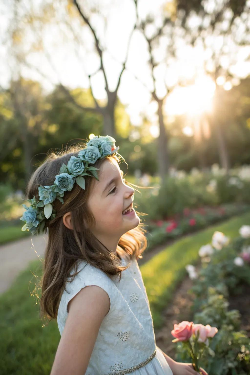 A sweet botanical circlet in sky blue, ideal for introducing whimsy to the wedding party.