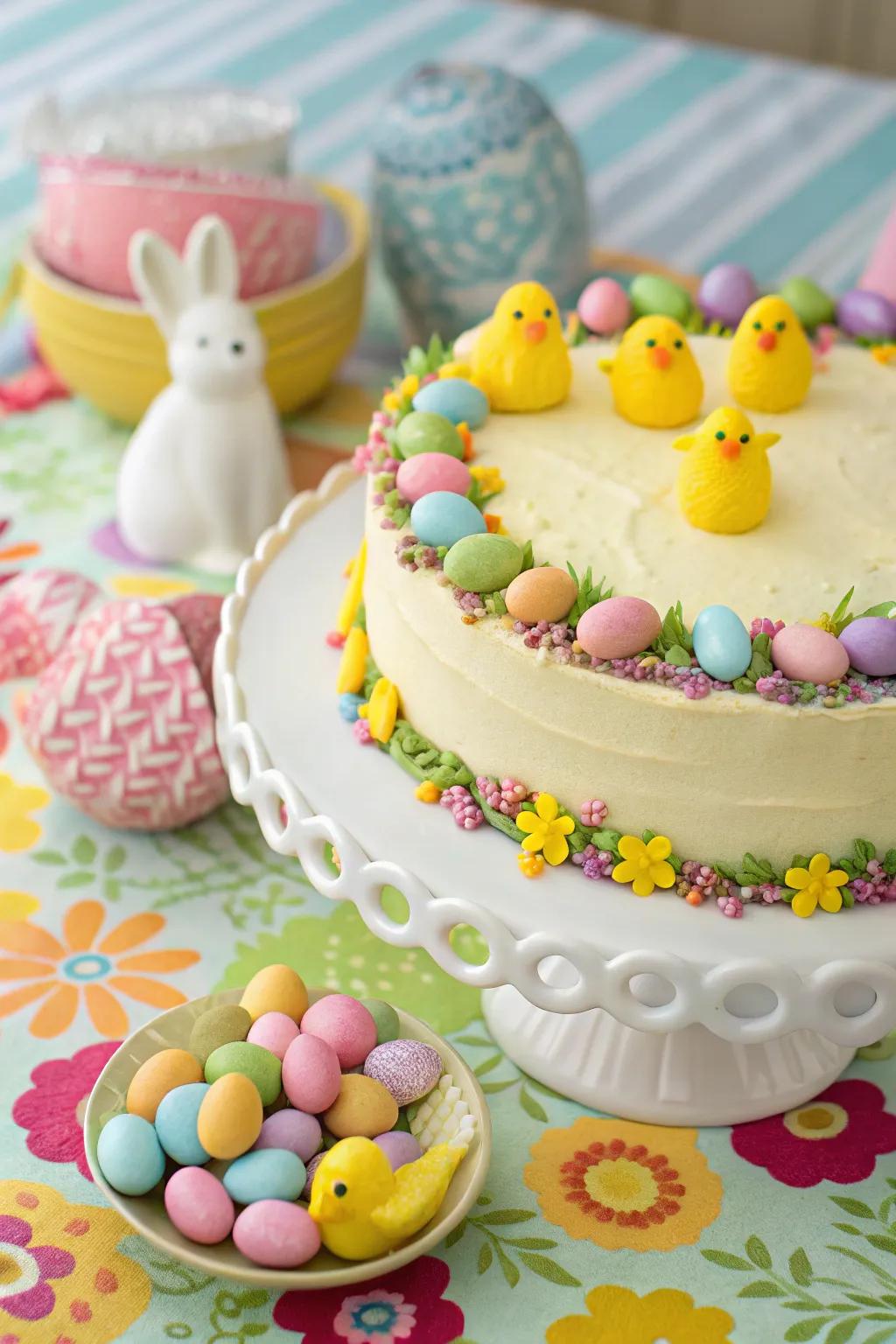 A parade of candy chicks and bunnies brings joy to this cake.