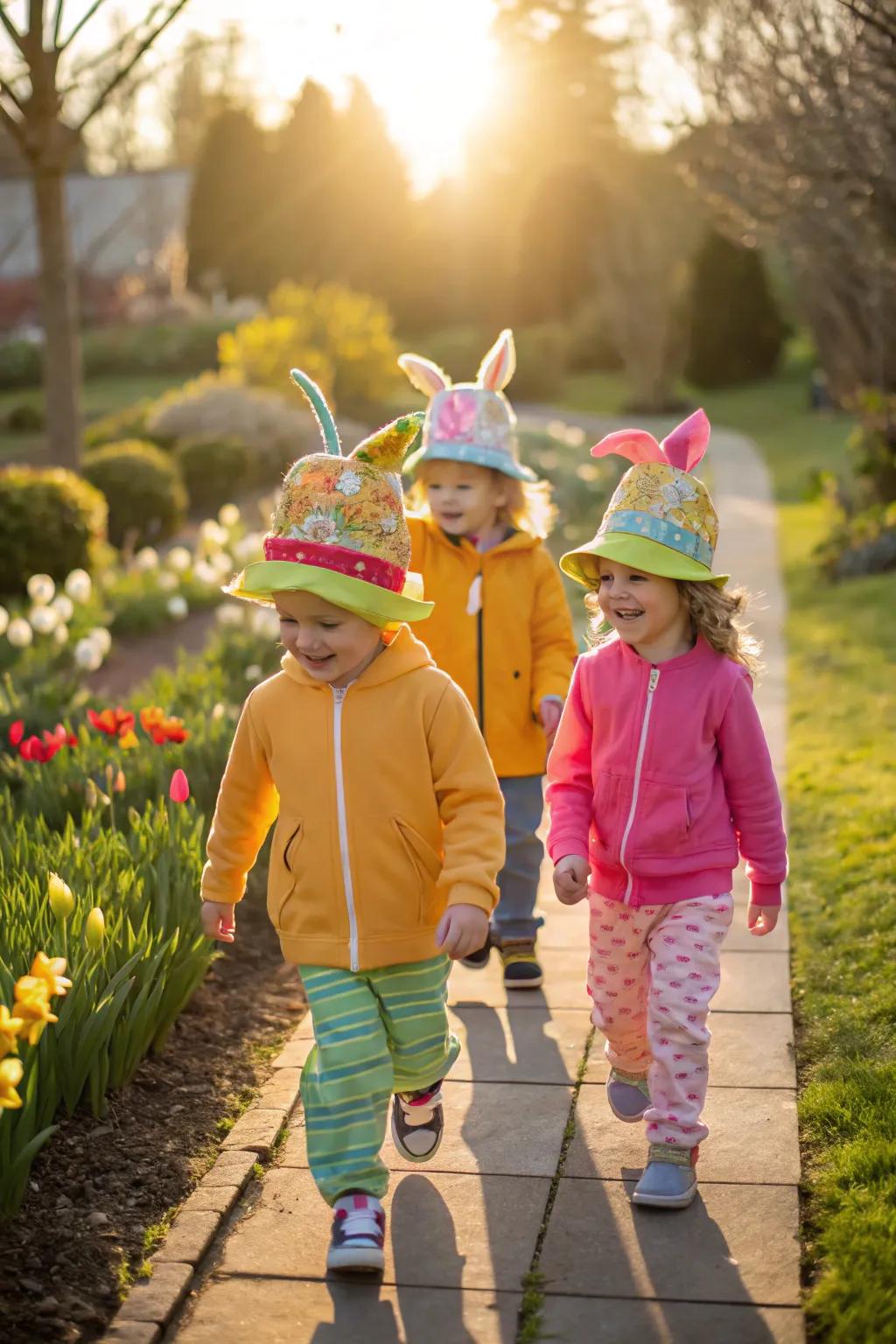 A joyful Easter parade featuring creative hats.