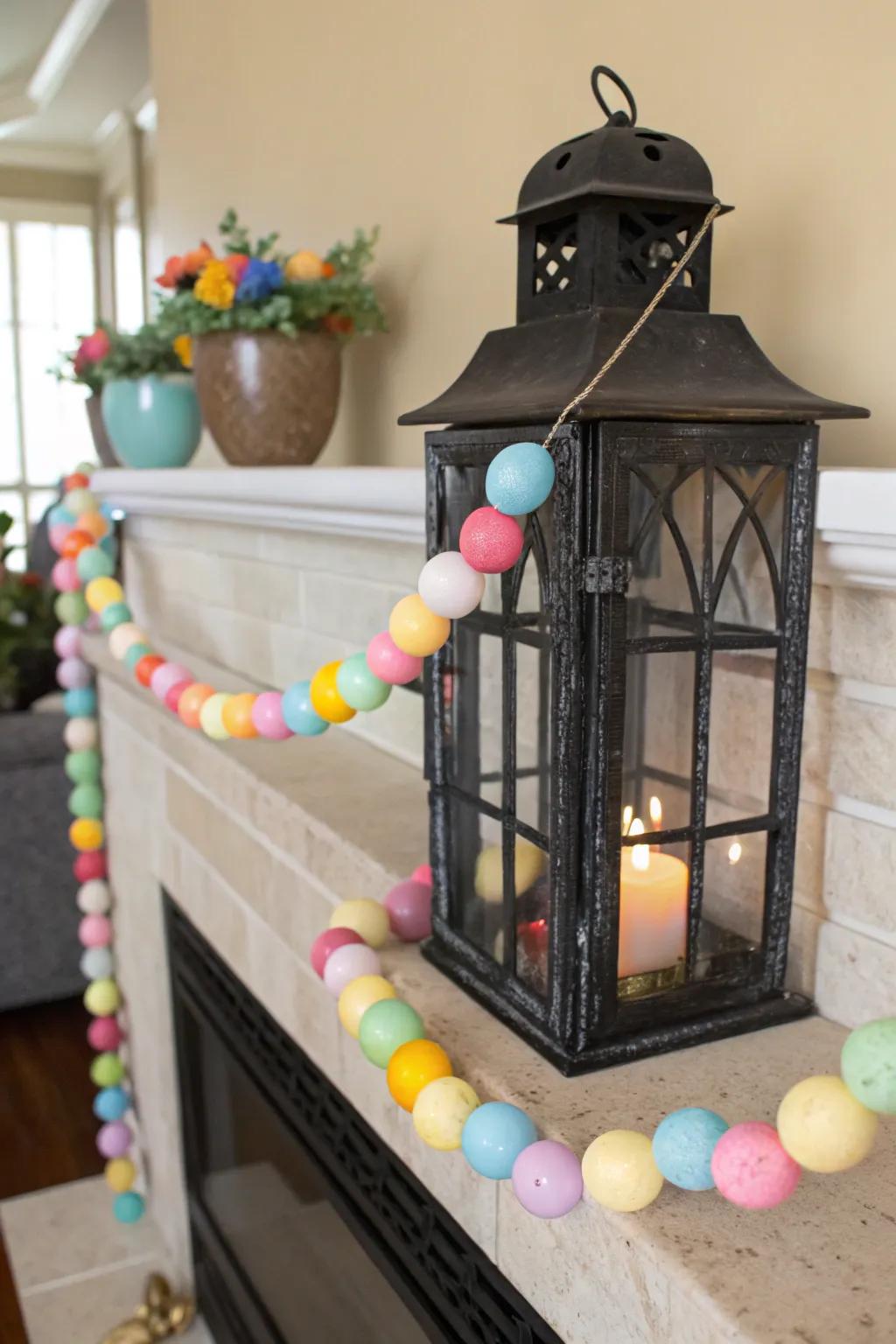 An Easter egg garland adds joyful style to lamps.
