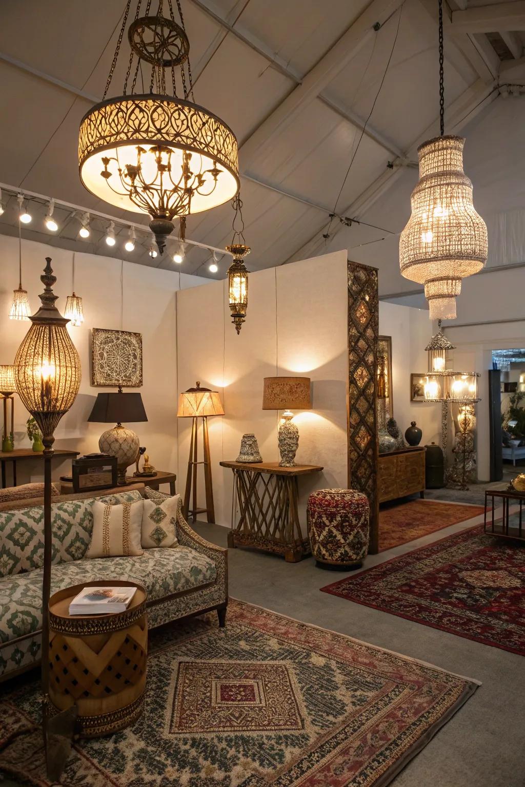 A variety of lighting options crafts a welcoming atmosphere in this eclectic space.