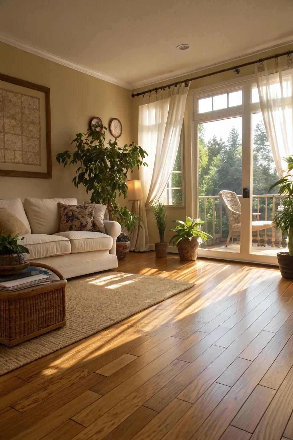 A vibrant living room features stylish bamboo flooring that highlights its eco-friendly appeal.