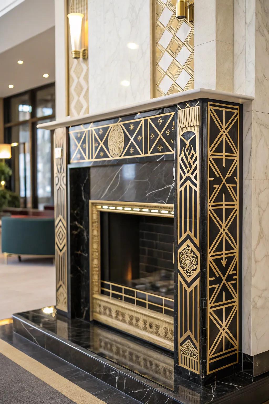 An Art Deco style fireplace with geometric designs and lavish finishes.