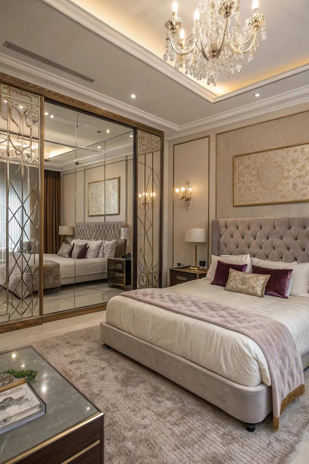 A luxury bedroom featuring an impressive large mirrored wall.