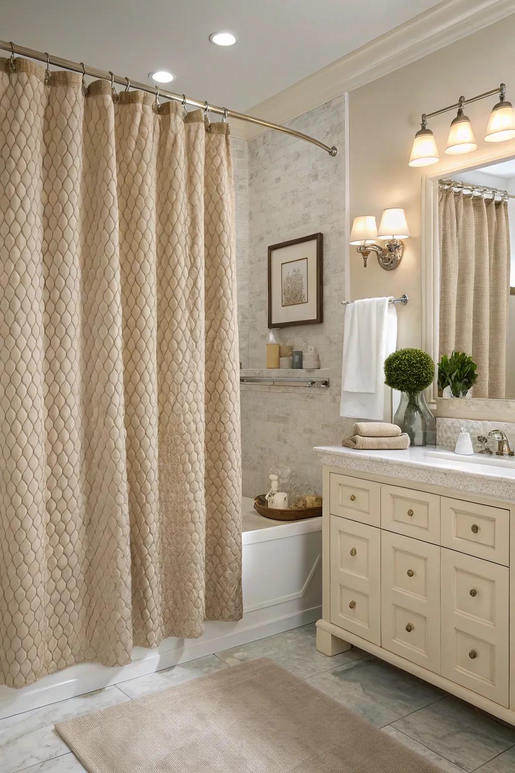 A square pattern shower curtain brings a hint of texture and elegance to the space.
