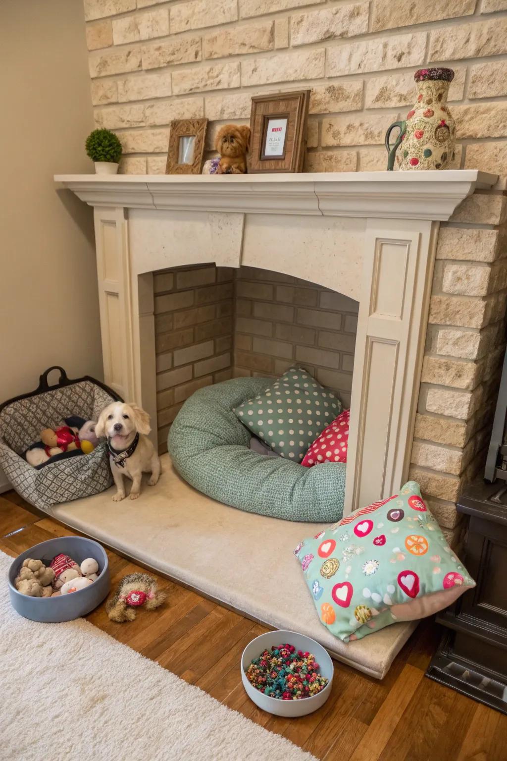 Design a welcoming pet zone inside your fireplace.