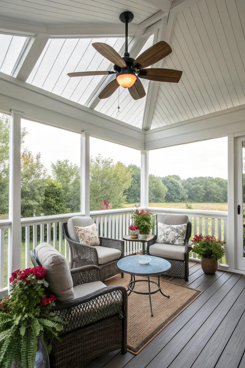This deck is comfortable year round, thanks to the cooling ceiling fan.