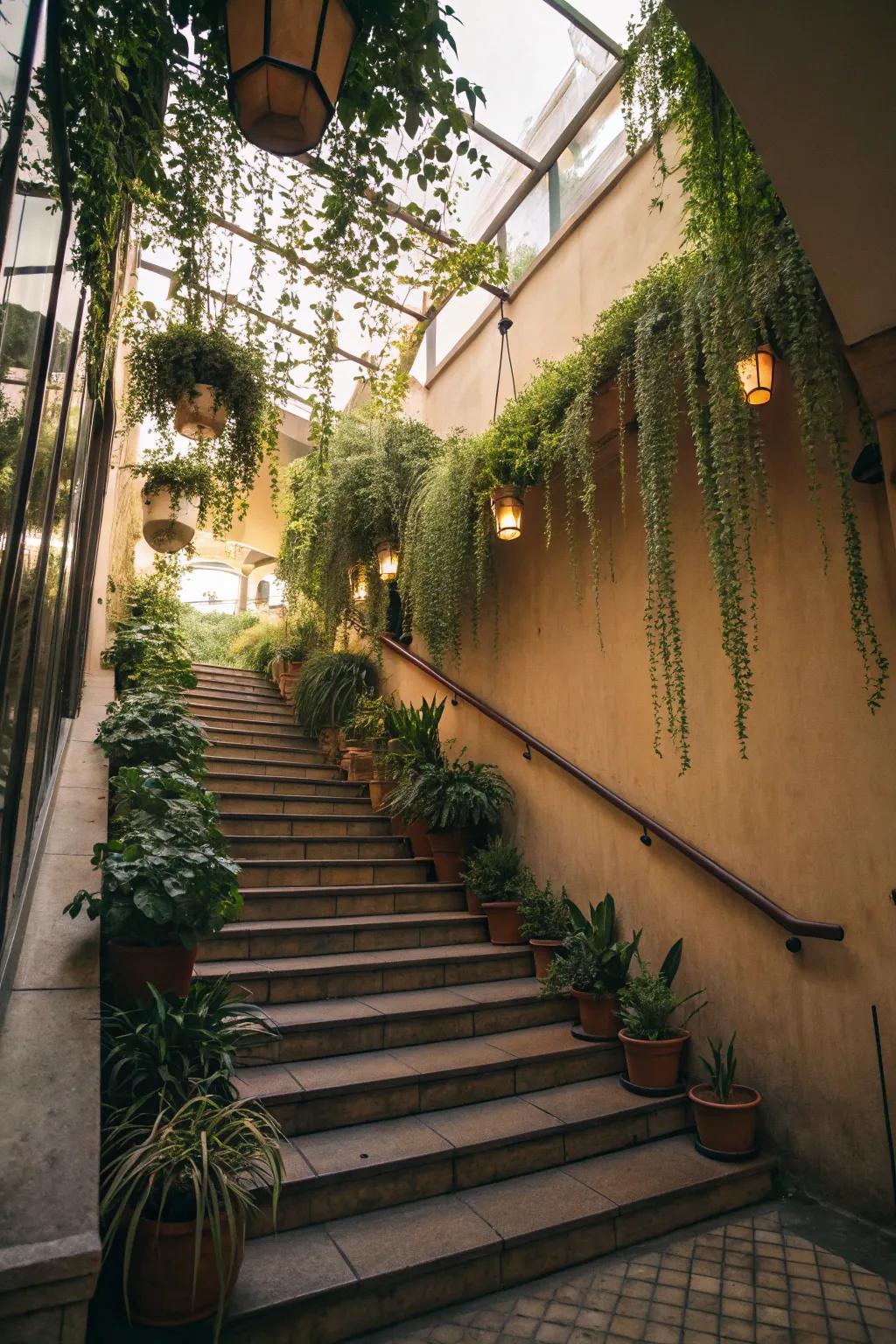 Stairwells gain life and color from plants.