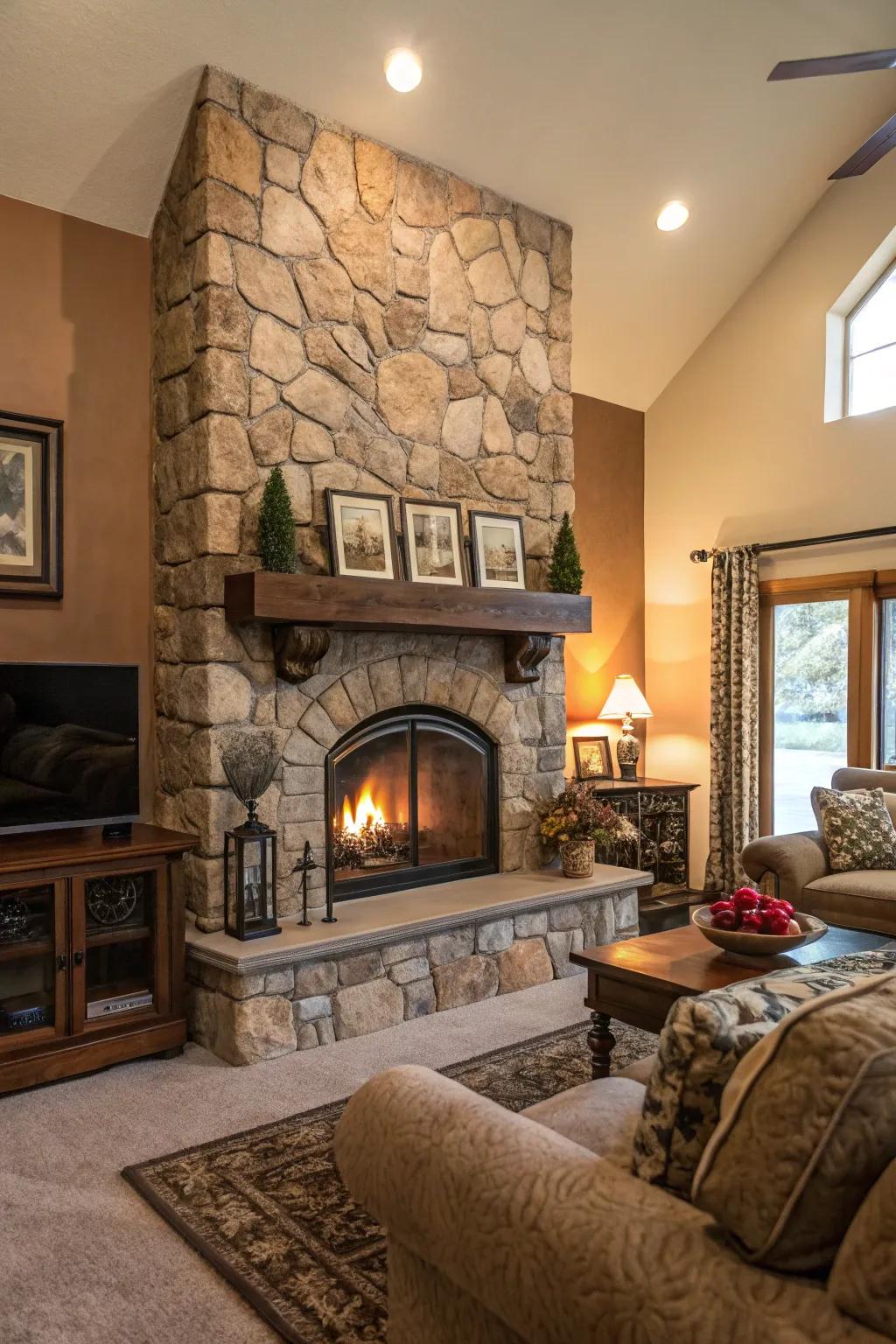 A pebble hearth acts as a cozy convergence point.