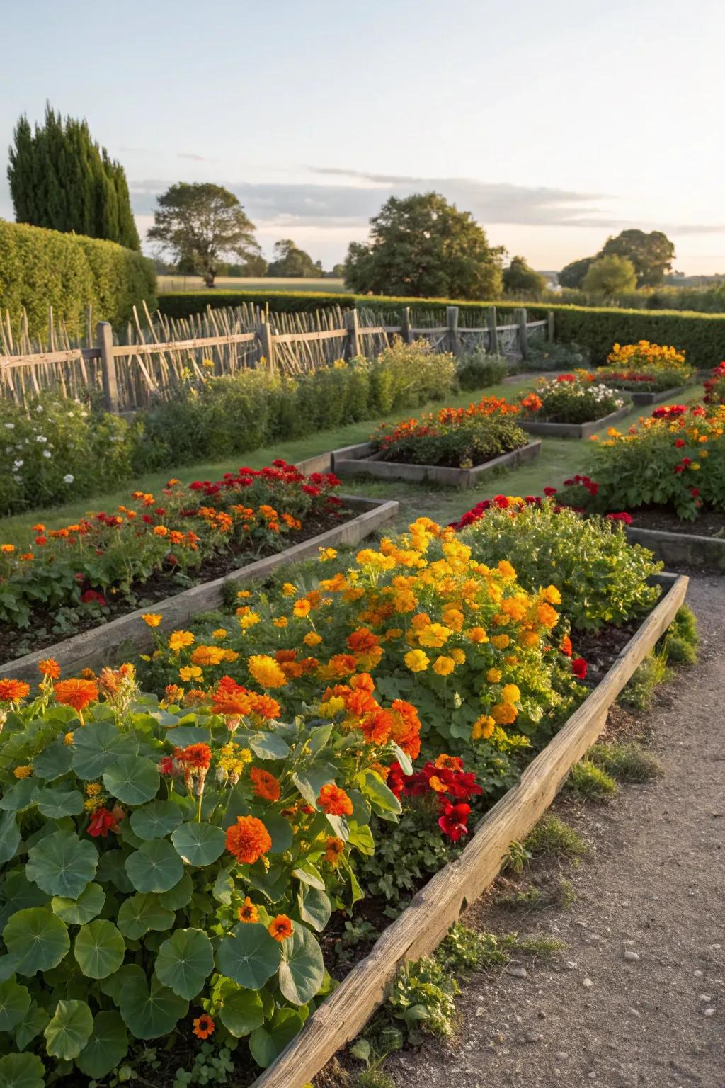 Flower beds with edible blooms contribute color and culinary potential.