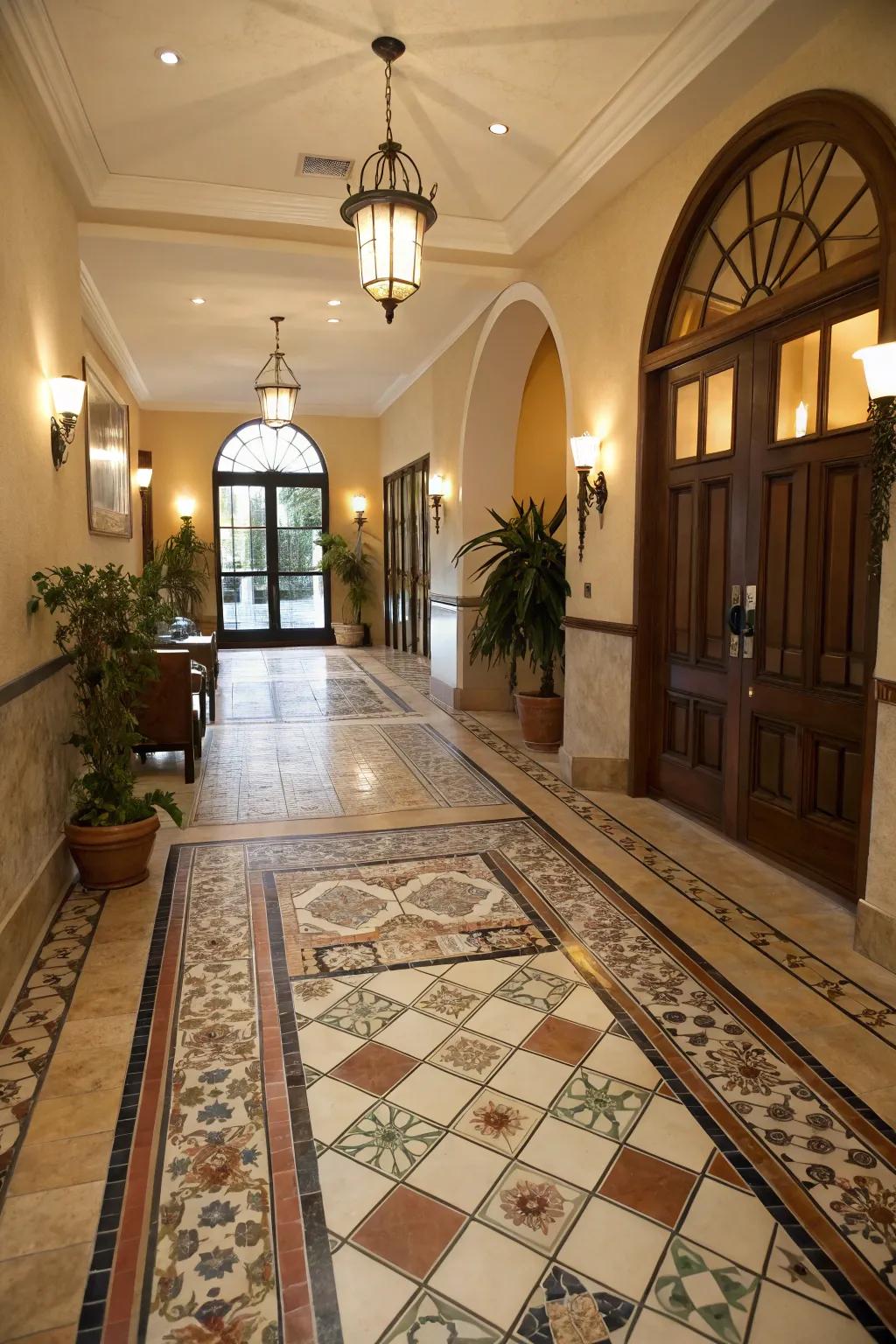 Two-tone flooring introduces a contemporary edge to the foyer.