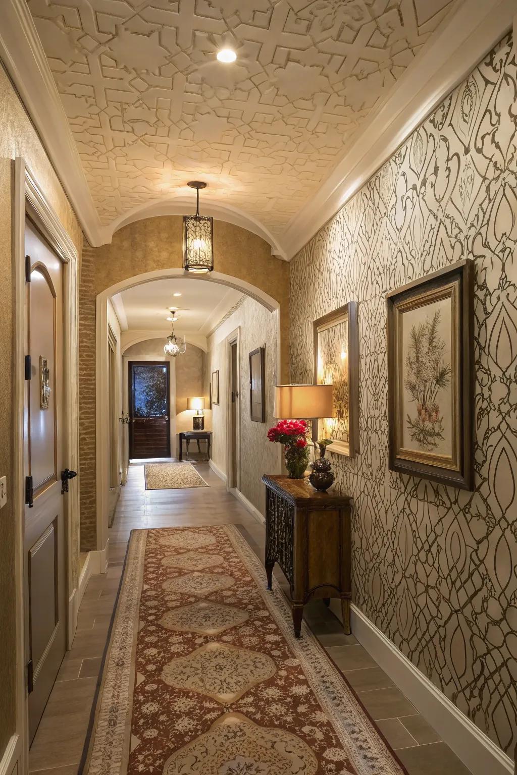 Textured wall features add depth and atmosphere to this entryway.