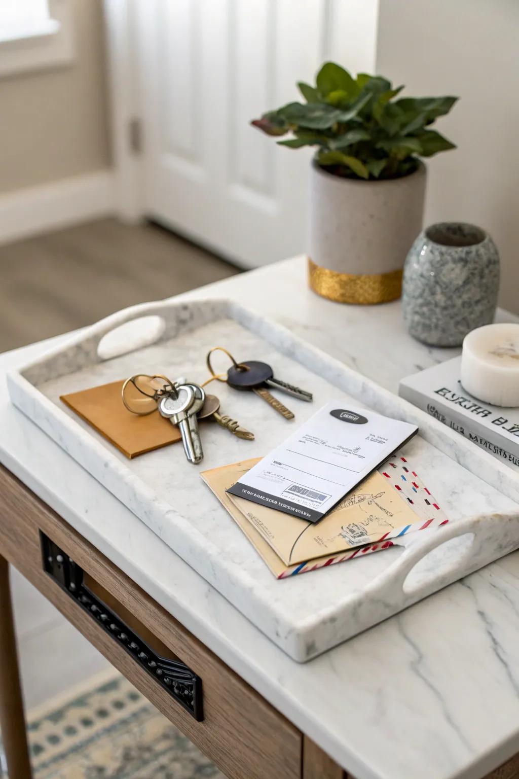 Trays and bowls blend practicality with elegance in your entryway.