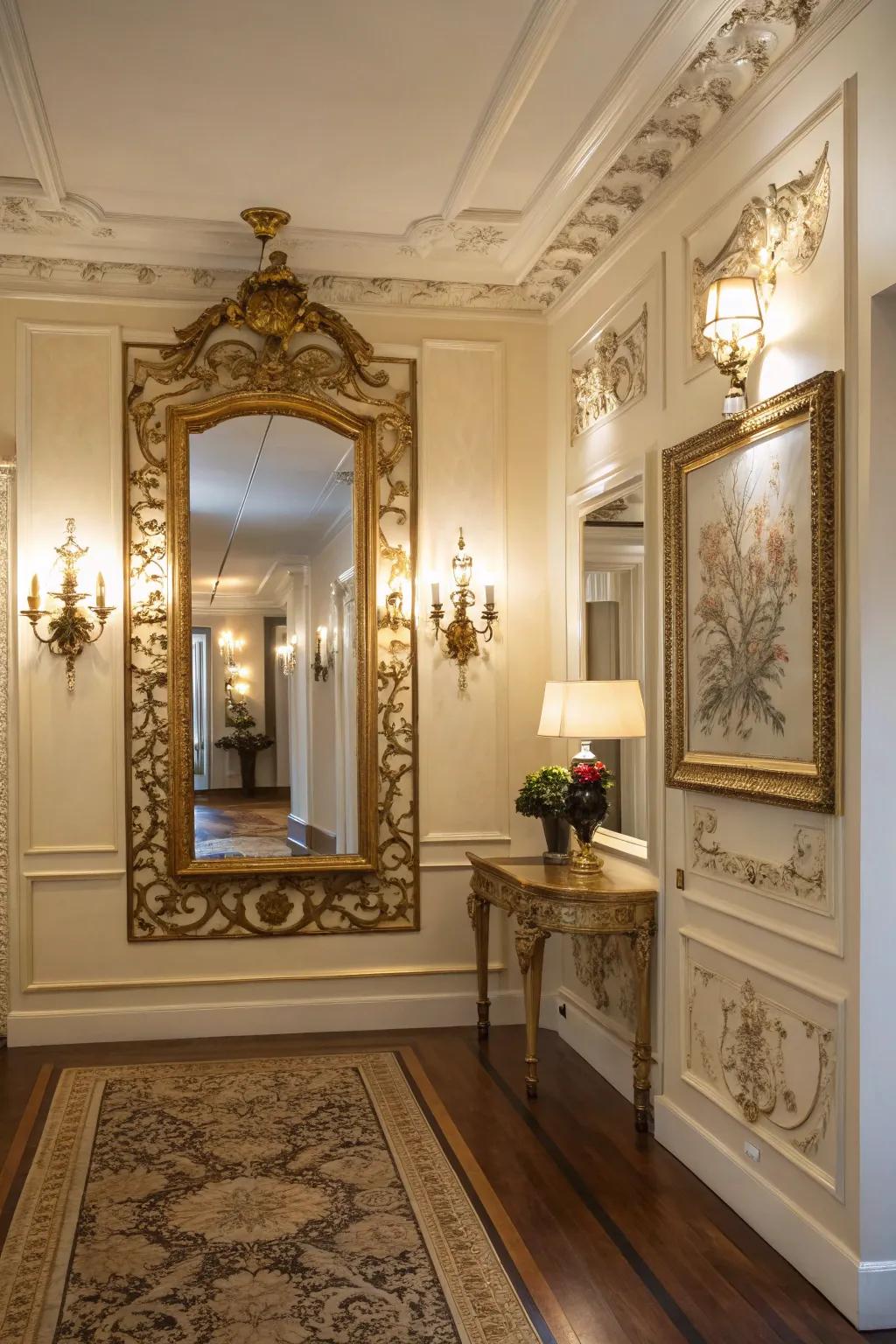 A gold-frame mirror gives timeless beauty to the entrance.