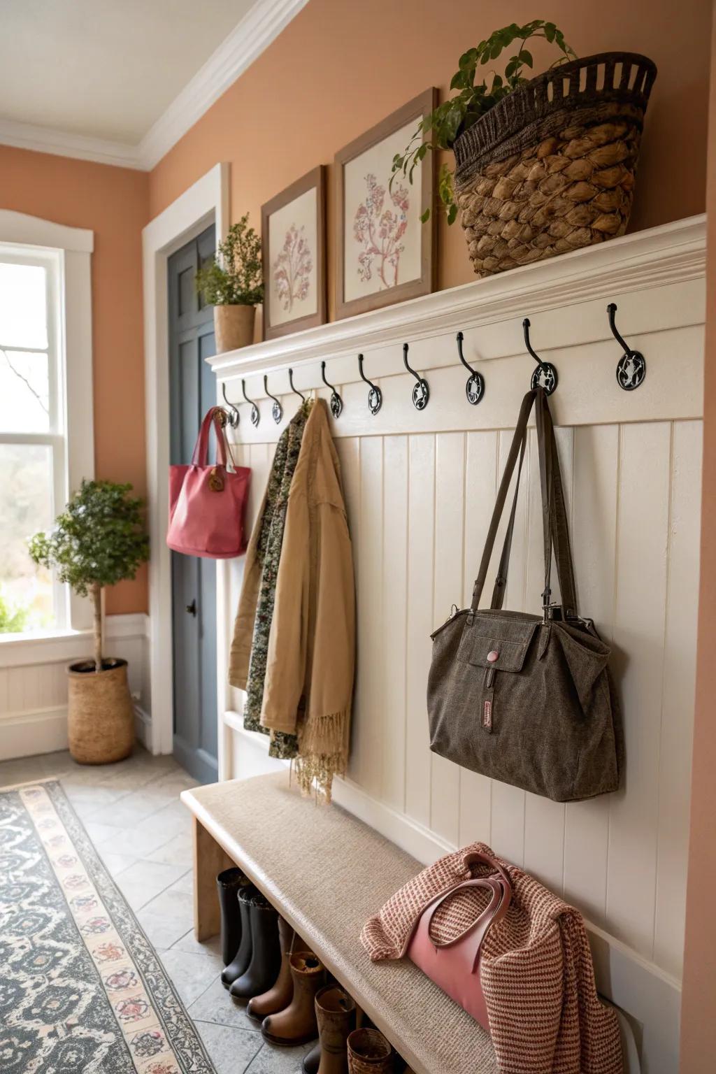 Ornamental fasteners improve both usefulness and style in this mudroom.