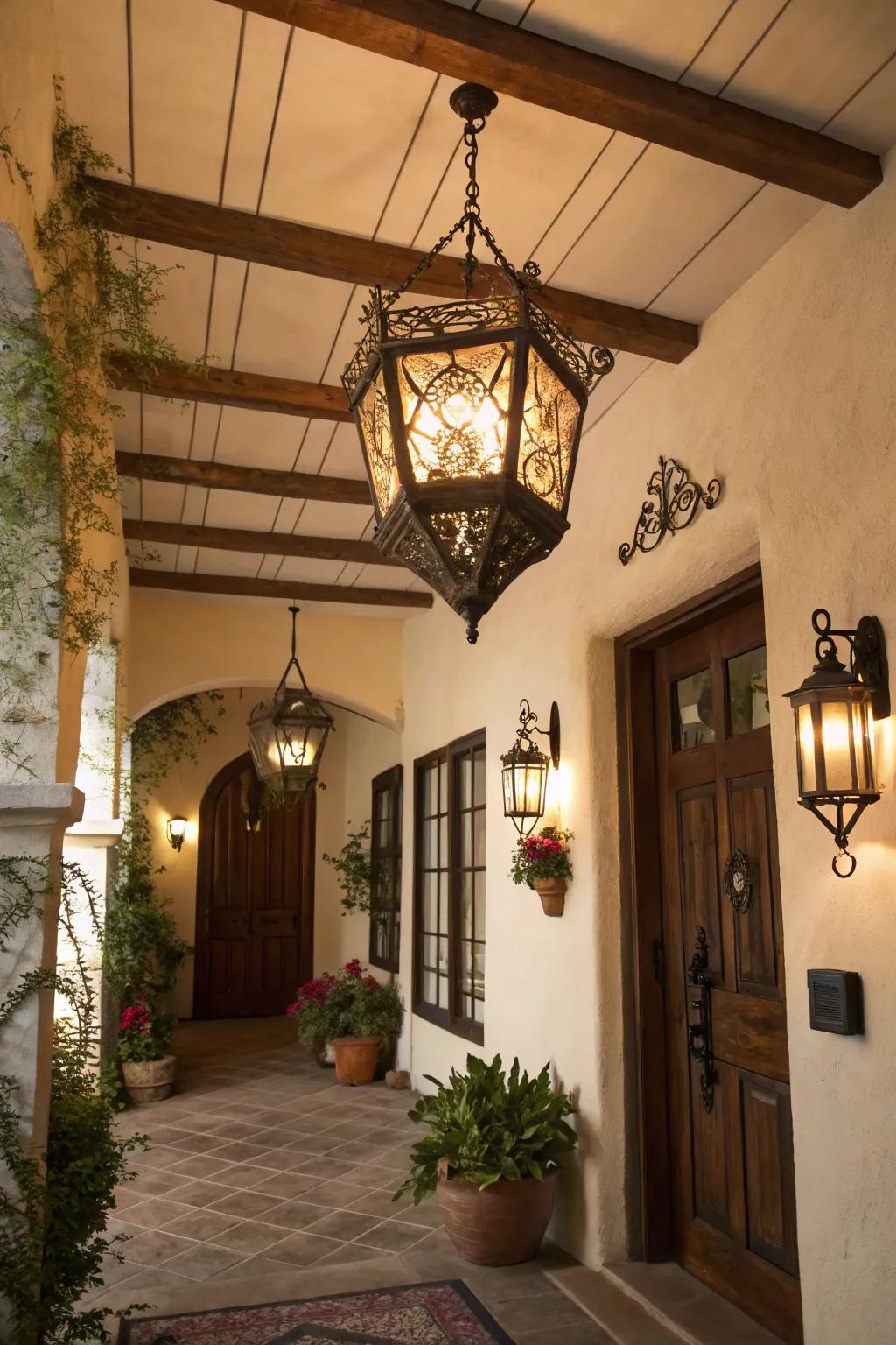 An entryway is fitted with a rustic lantern-esque light, infusing unexpected charm.
