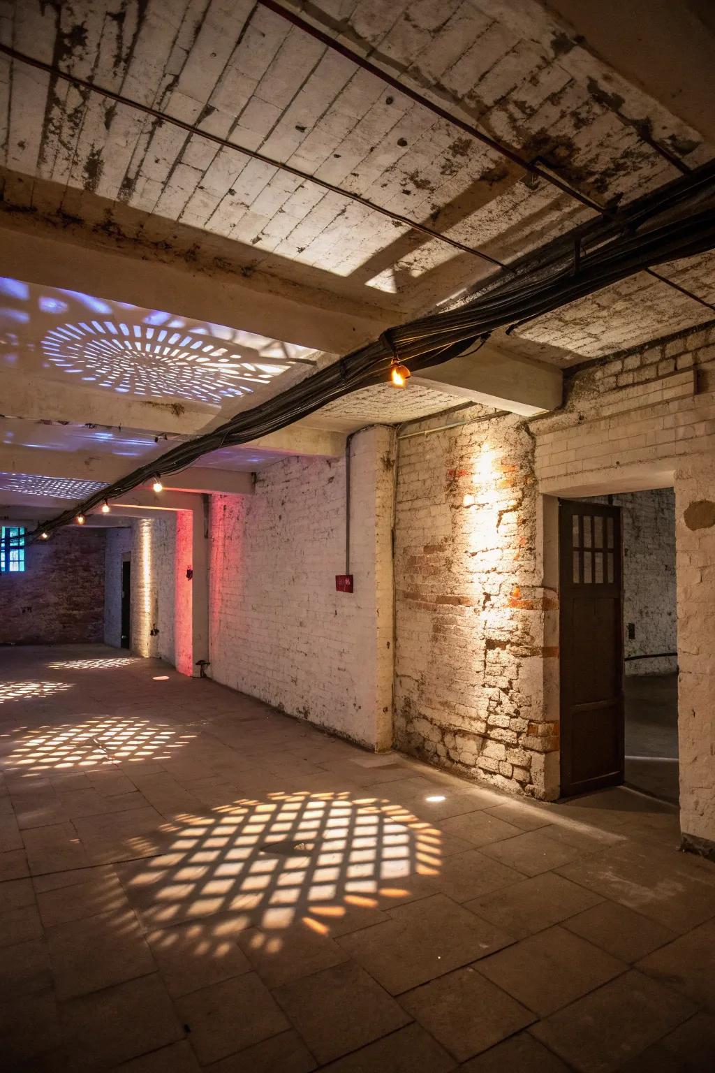 Spotlights create an enchanting play of light and shadow in a basement.