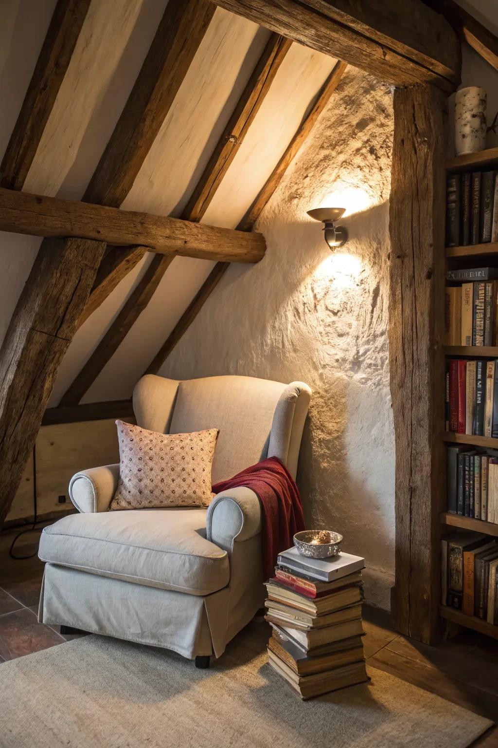 Exposed beams highlight a cozy spot.