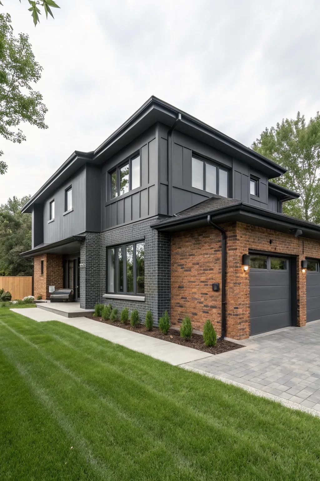 Modern sophistication with coal graphite and brick.