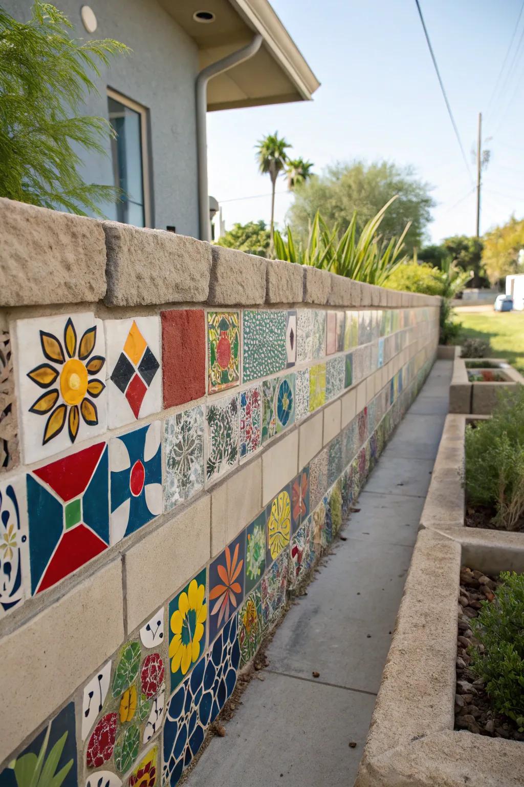 Decorative blocks transform walls into colorful mosaic designs.