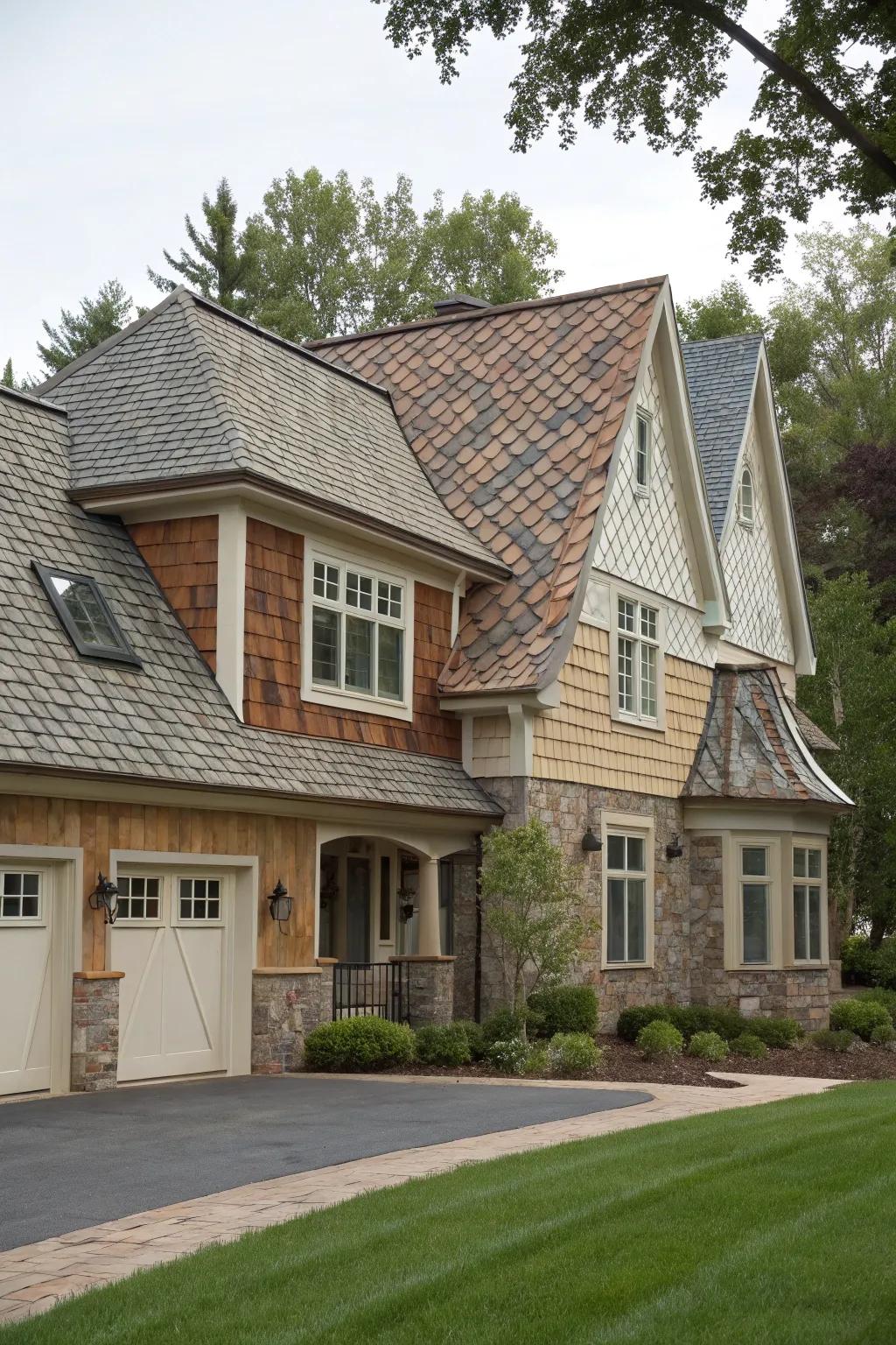 Textured shingles adding depth to the façade.