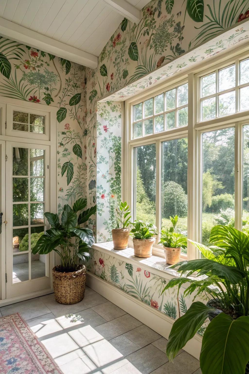 Bloom and animal fusion in fabric wallpaper brings the garden inside.