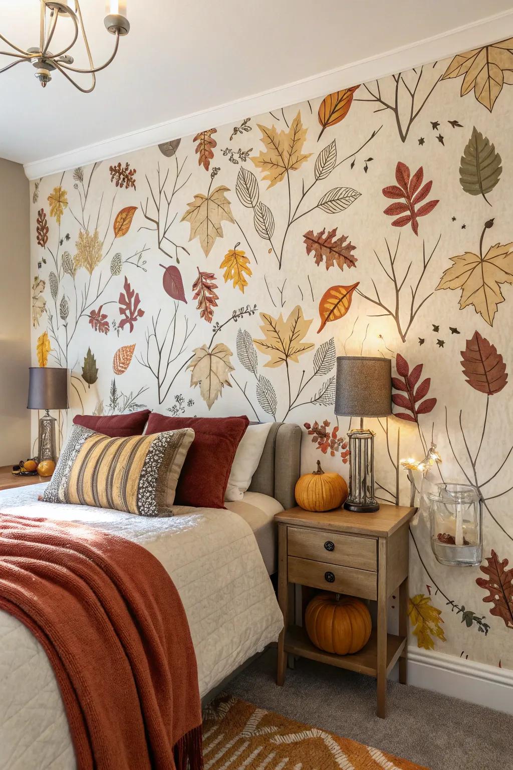 A feature wall contributes a daring assertion to your fall bedroom.
