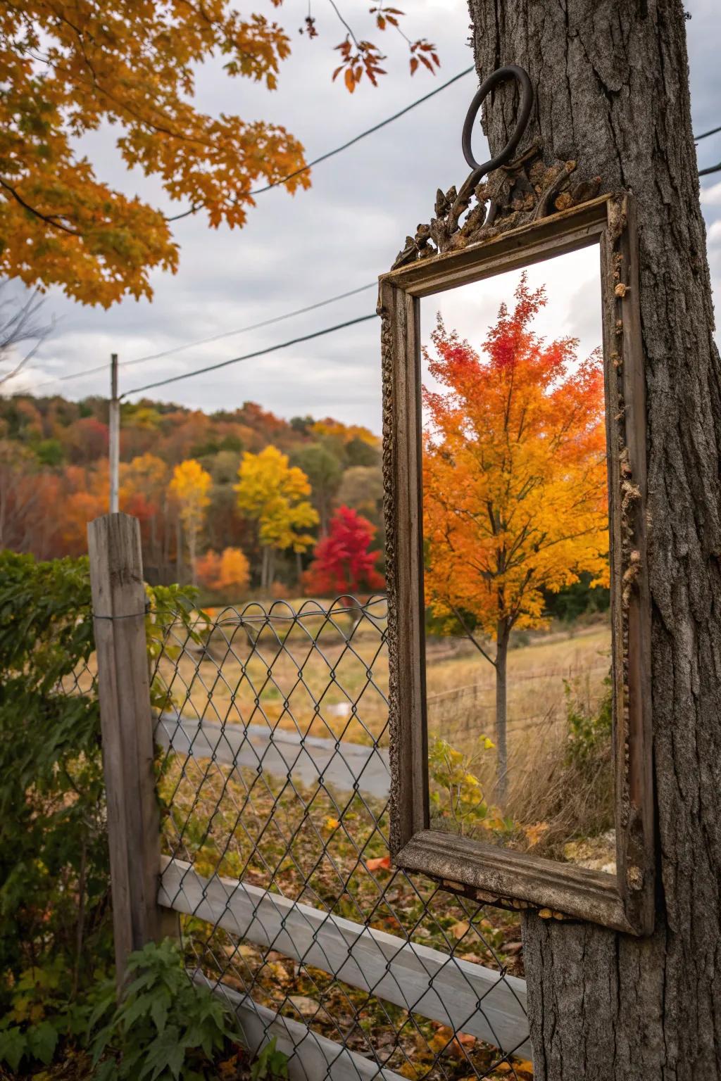 A vintage mirror reflects the enchantment of seasonal foliage across the fence.