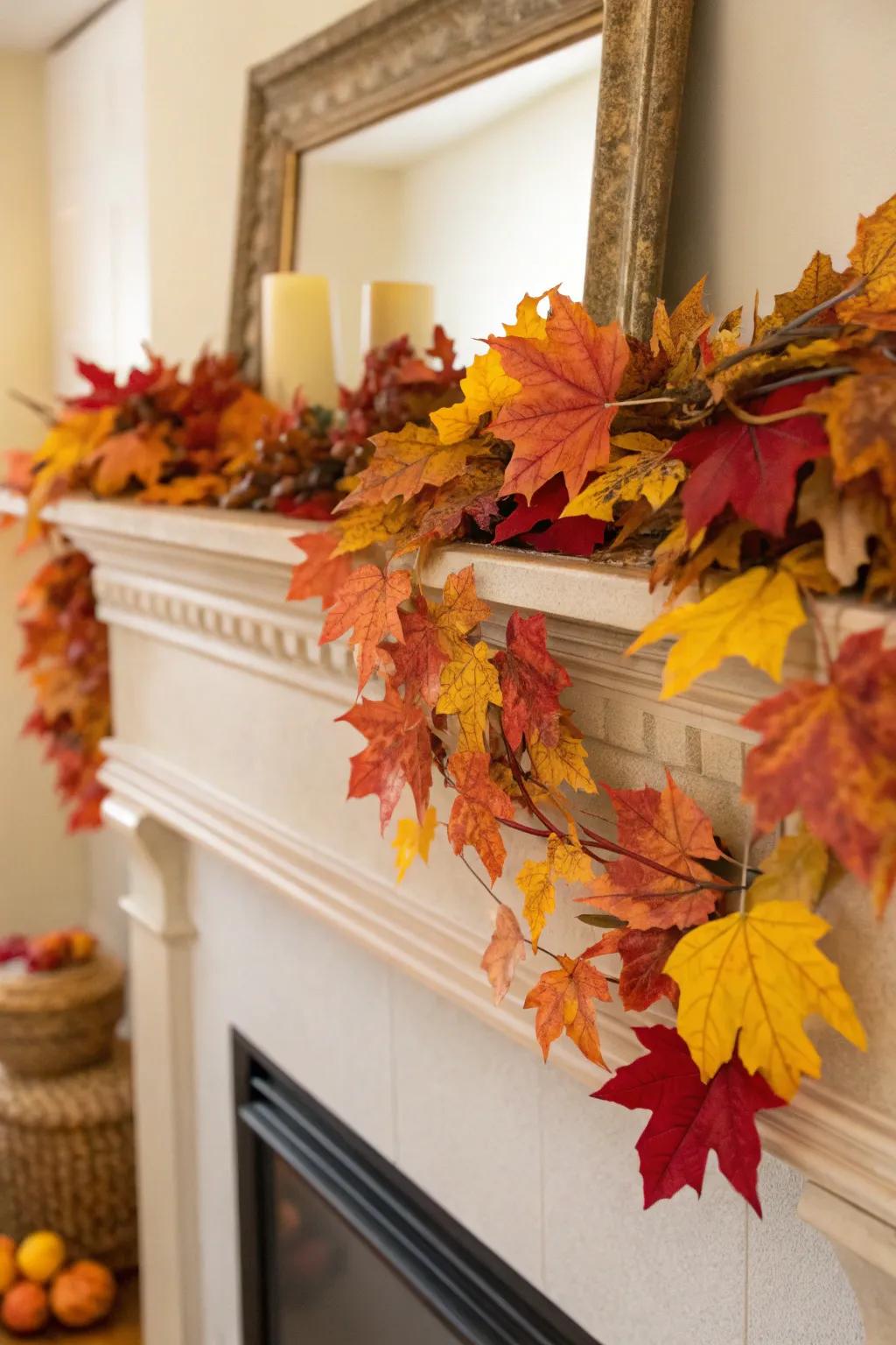An autumnal mantel adorned with vibrant vegetation.