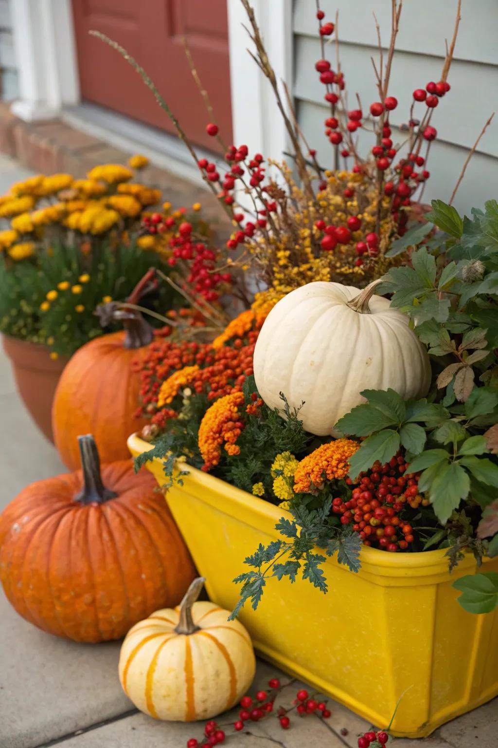 Autumnal berries offer a vibrant contrast to gourd presentations.