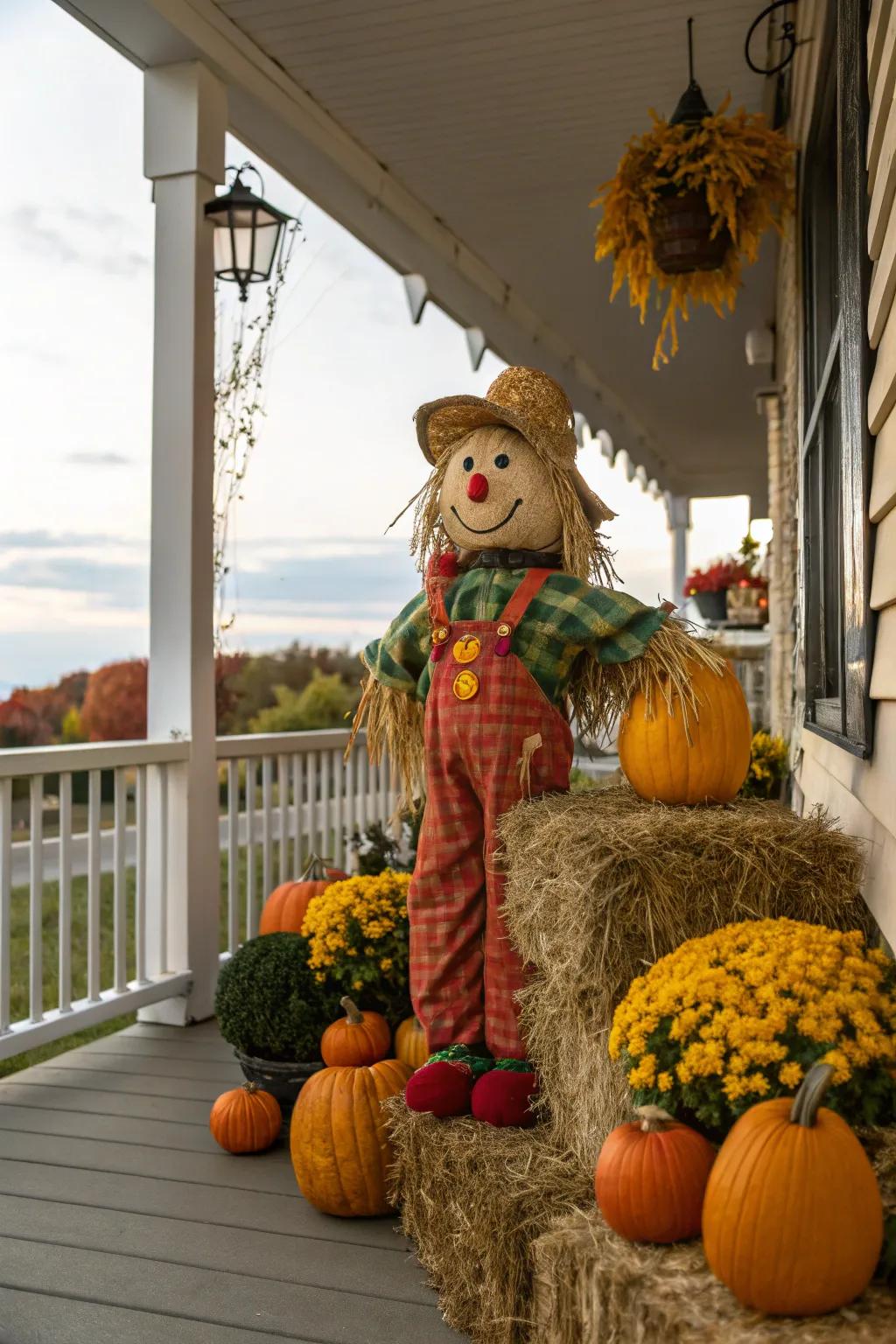An ebullient figure conveys a whimsical element to the autumnal porch.
