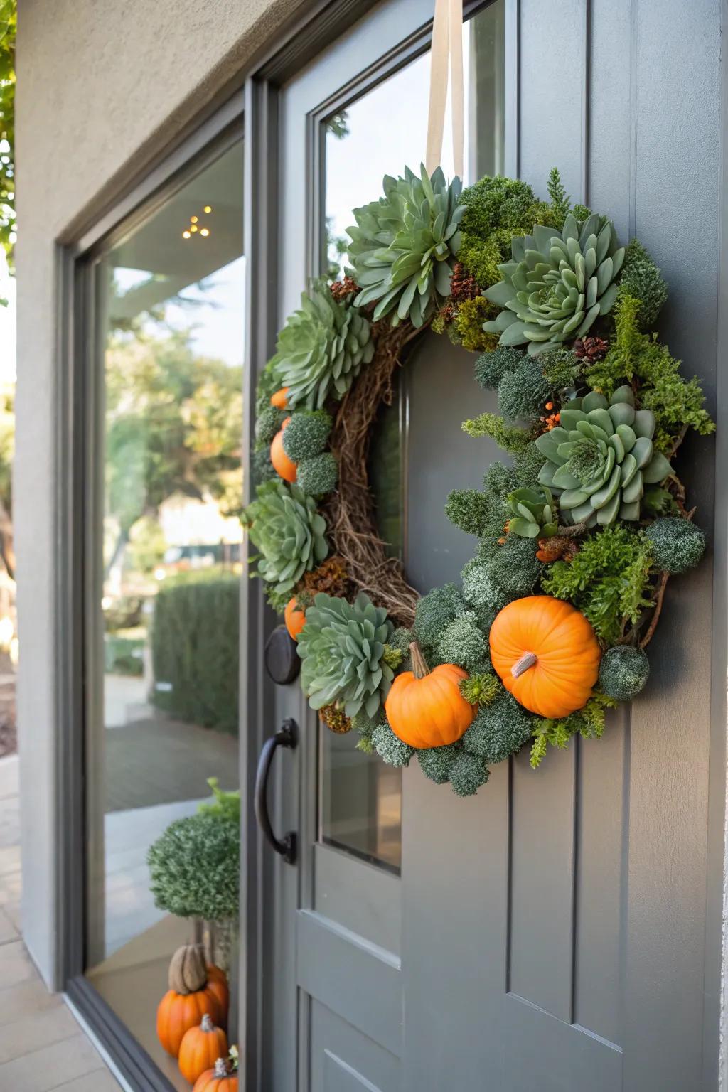 Fleshy plants and gourds create a refreshing and contemporary fall wreath.