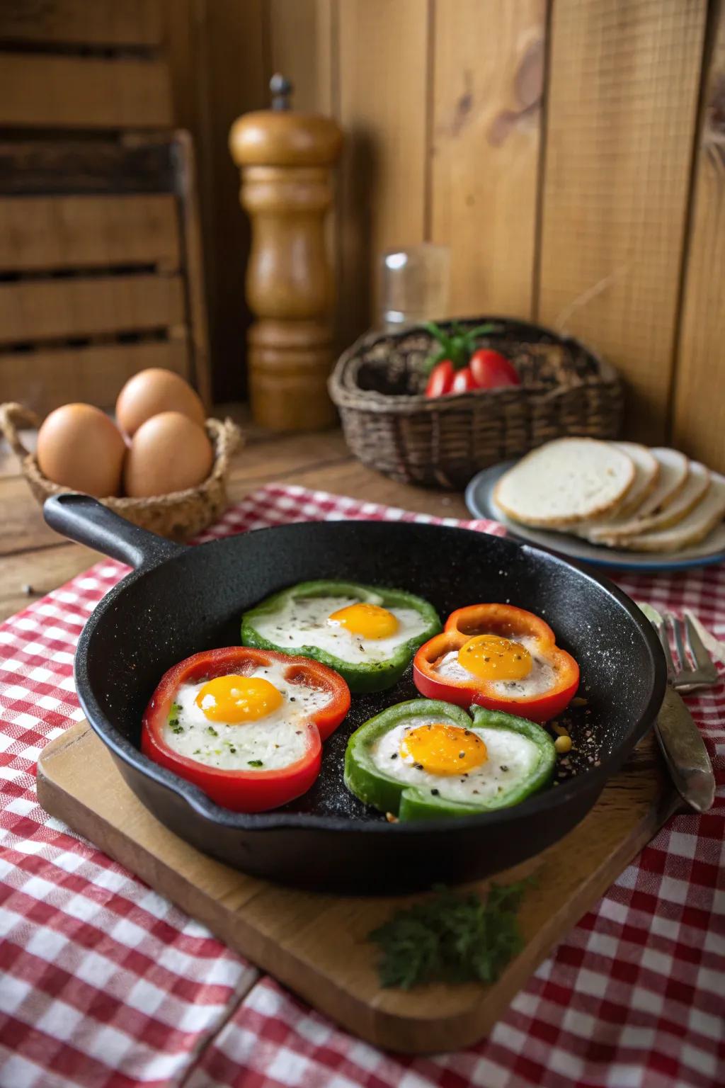 Eggs in bell pepper rings provide a colorful and healthy choice.