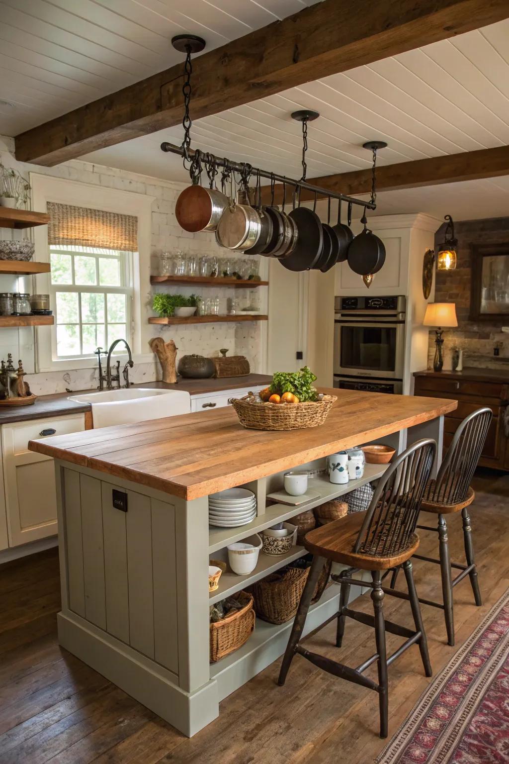 Solid wood islands are functional and charming, great for demanding prep.