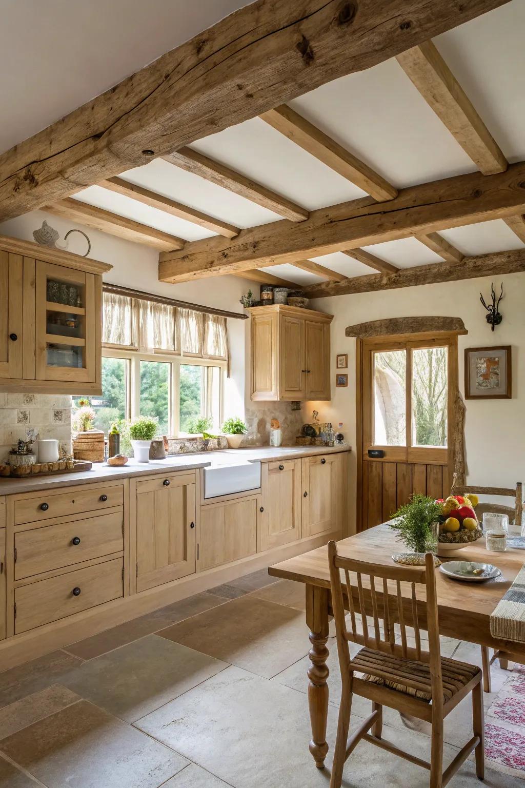 Rustic beams enhance the farmhouse feel of a kitchen with light wood cabinets.