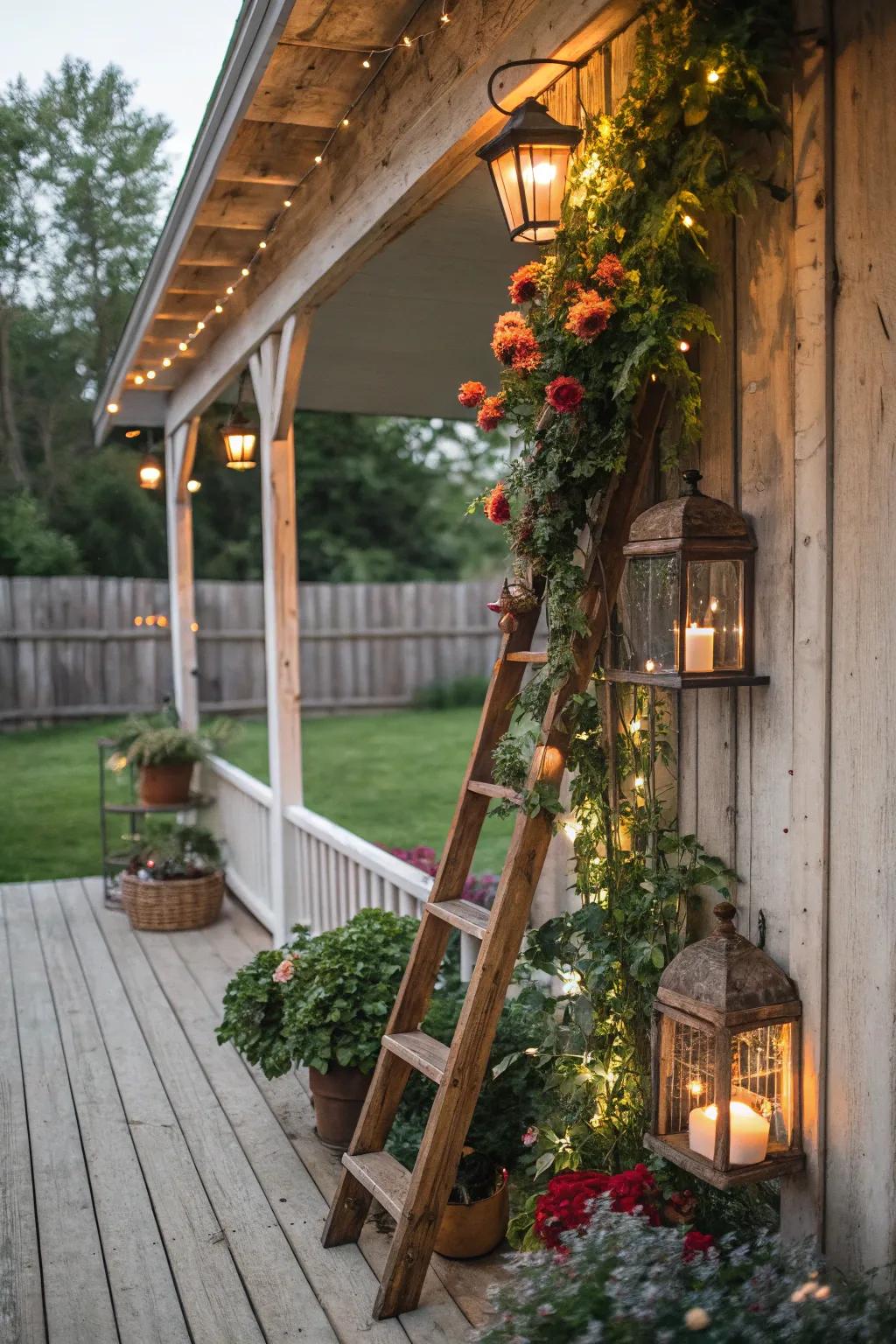 A welcoming porch decor featuring a rustic ladder