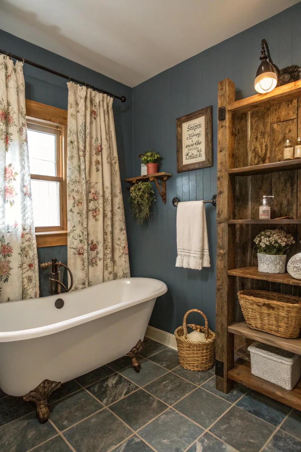 Slate blue walls deliver a soothing backdrop in this bathroom.