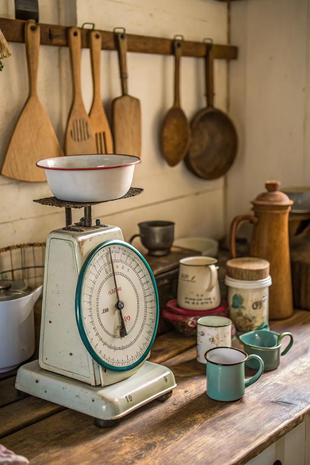 Nostalgic kitchenware displayed on a classic balance.