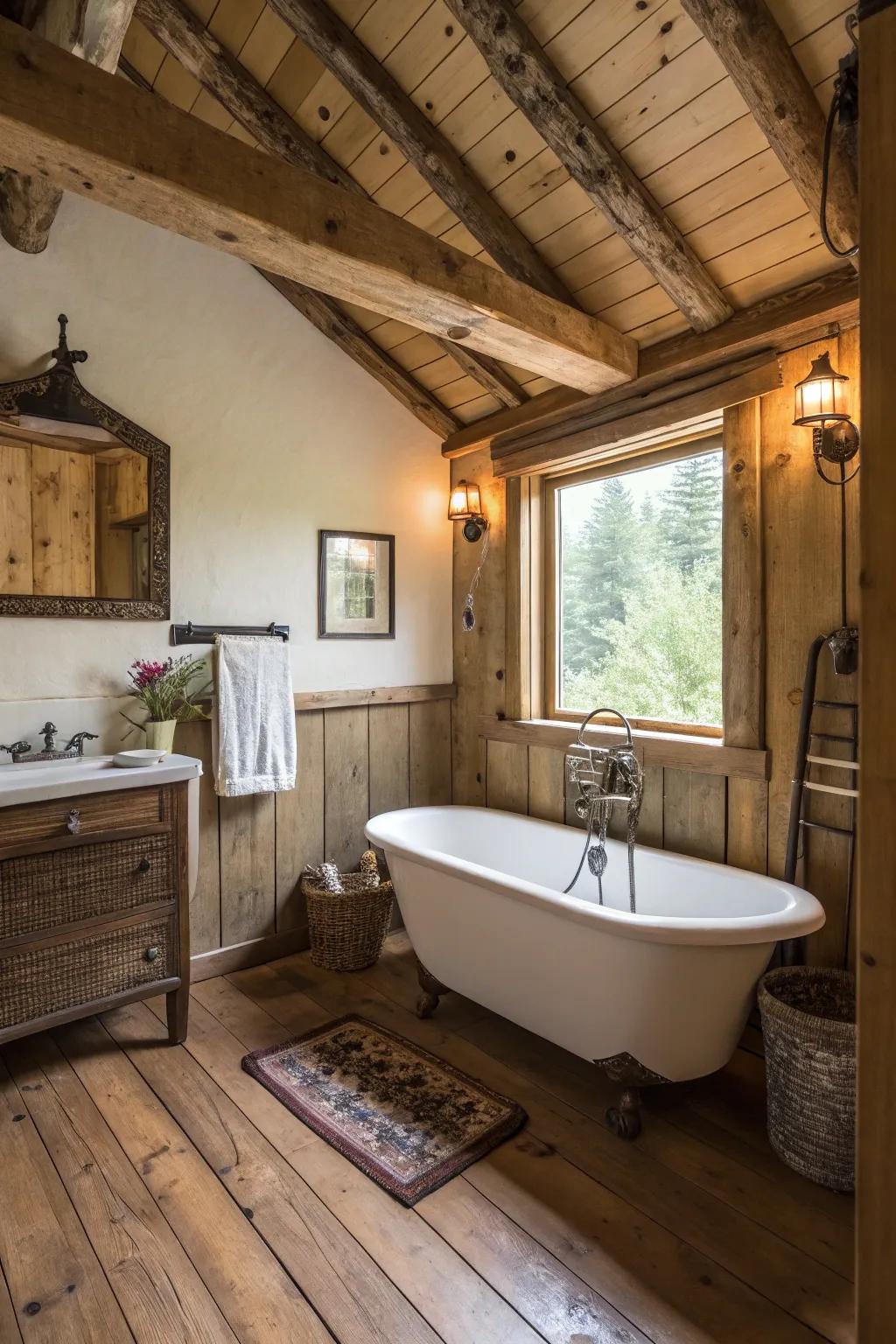 A compact freestanding tub introduces extravagance and charm to this small bathroom.