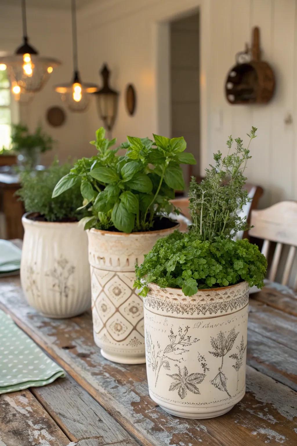Ceramic pots present a garden-fresh scent that beautifully complements your dining setting.