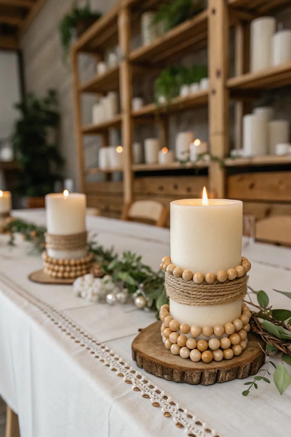 Candles wrapped with wood bead garland, creating a warm ambiance.