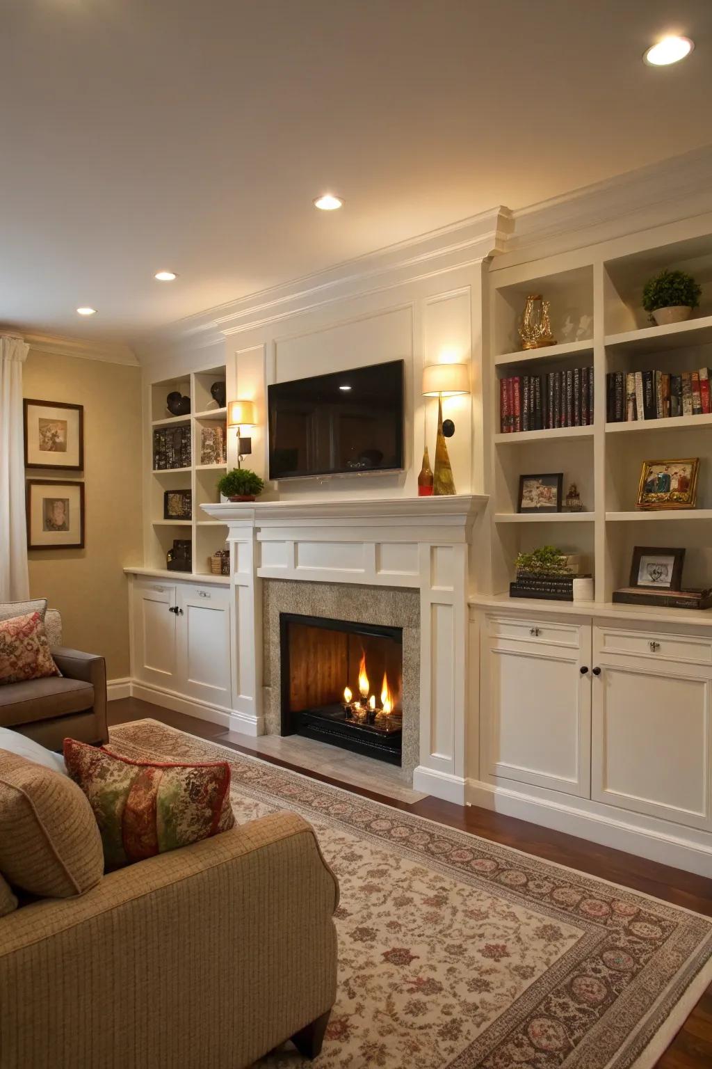 A living room with a fireplace alcove cleverly designed with hidden storage.