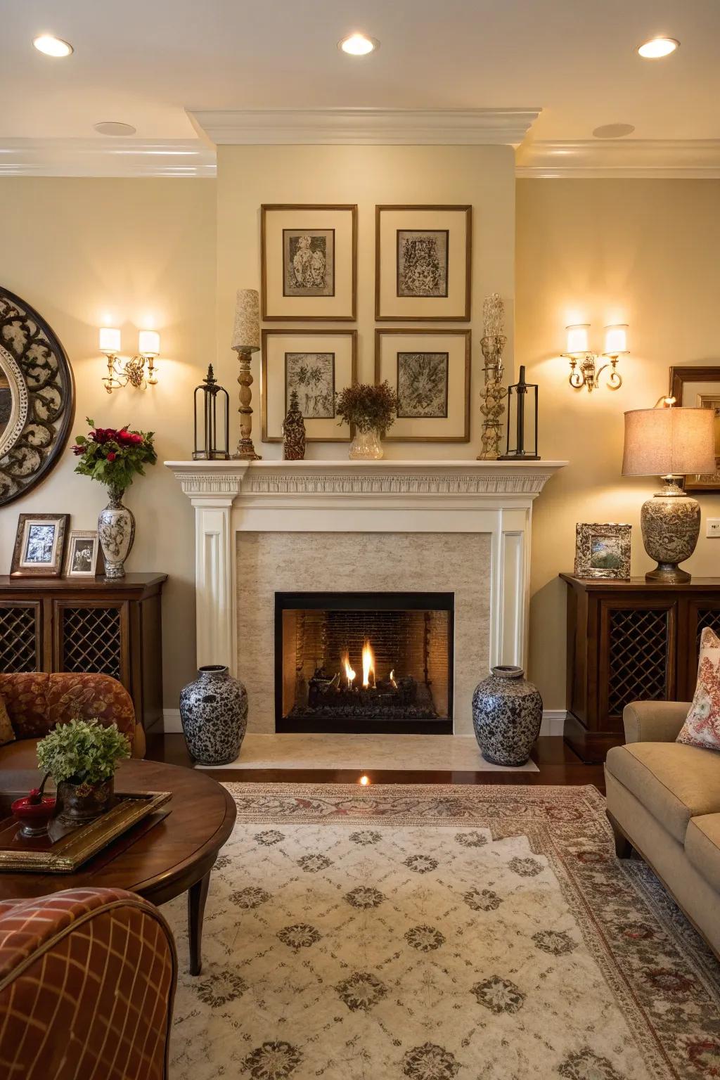 Symmetry introduces balance and harmony to the fireplace area.